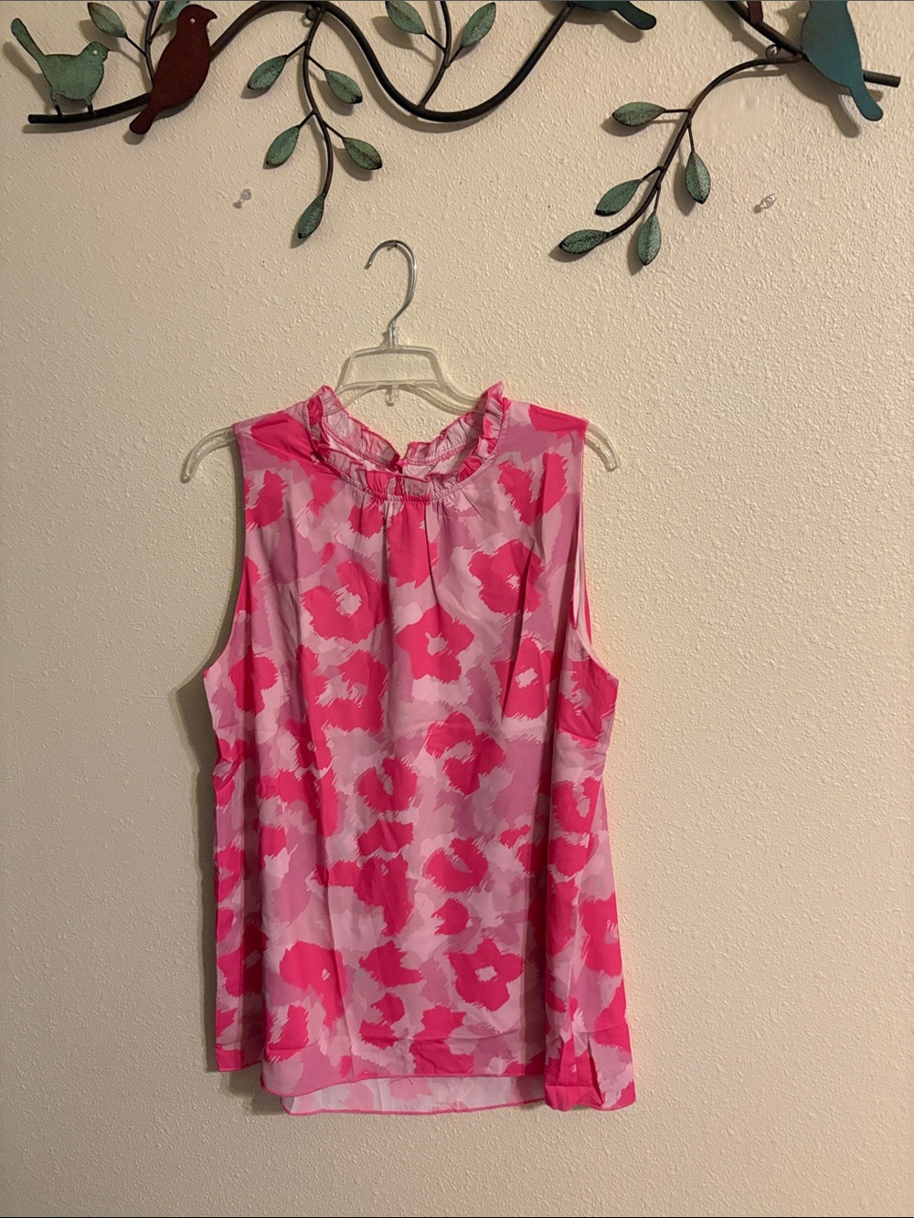 Sleeveless Pink Floral Ruffle-Neck Women's Top
